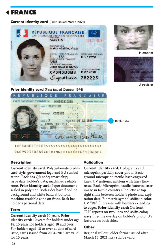 Two French identity cards, one current and one prior version, illustrating design changes