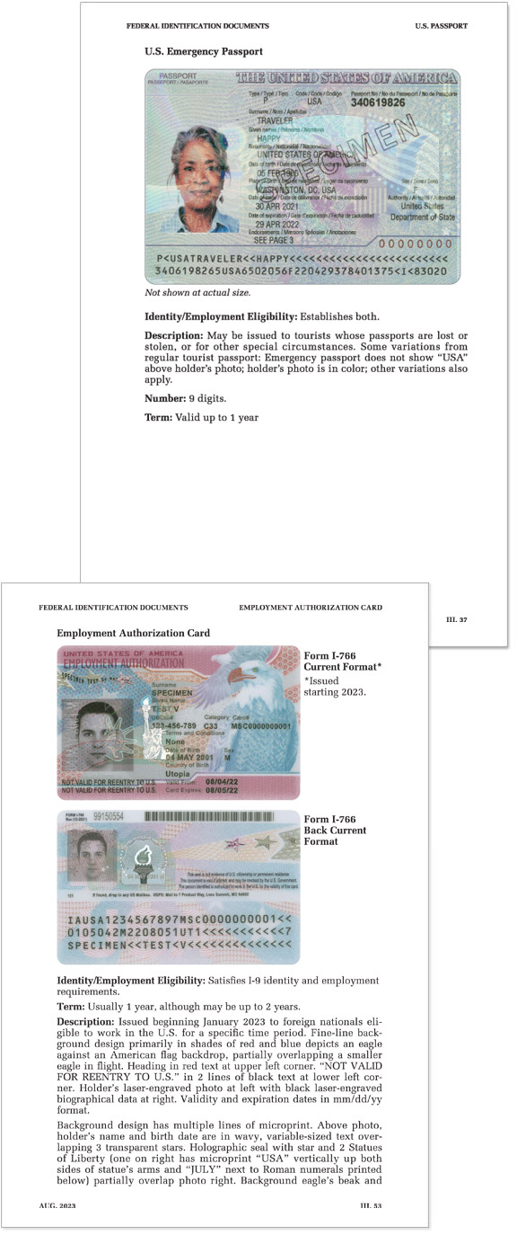 Examples of a U.S. Emergency Passport and Employment Authorization Cards