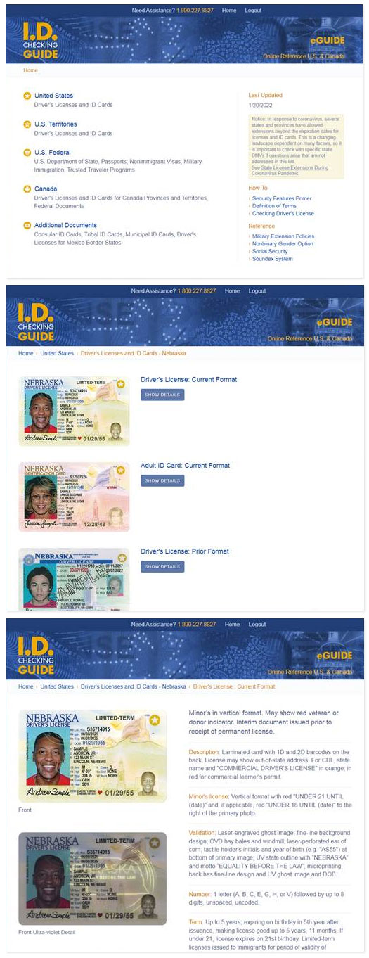 Sample pages of the online version of the I.D. Checking Guide, U.S. & Canada Edition
