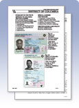 Two District of Columbia identification cards with security features highlighted