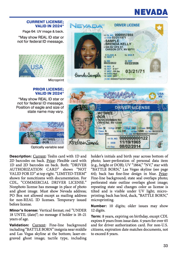 Two Nevada driver's licenses, one current and one prior version, highlighting design and security differences